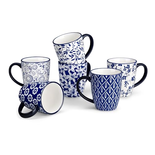 vancasso 12 oz Selene Ceramic Mugs Set of 6, 360 ml Small Vintage Blue-and-White Coffee Cups for Tea, Latte & Cappuccino, Drinkware Gift Set, Microwave & Dishwasher Safe