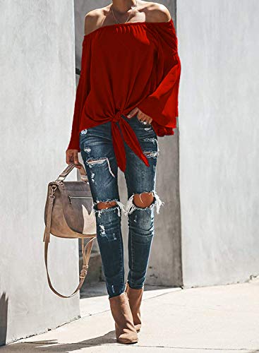 Women's Chiffon Off The Shoulder Shirt Blouse Front Knot Long Sleeve Tops Red L