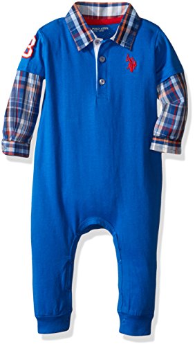 U.S. Polo Assn. Baby Boys' Long Sleeve 2 Fer Romper, Royal, 6/9M