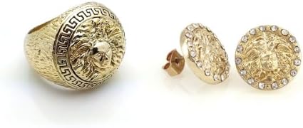 Size 8 Medusa Head Gold Tone Mens Ring with Earrings Set