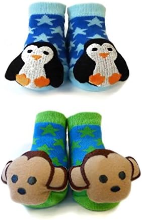 Sock Monkey Newborn Baby Booties Plush Penguin Rattle Baby-Boys Green and Blue Socks Animal 0-12 Months