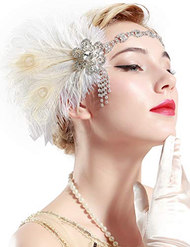 BABEYOND Vintage 1920s Flapper Headband Roaring 20s Great Gatsby Headpiece with Peacock Feather 1920s Flapper Gatsby Hair Accessories