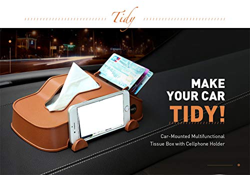Car Mounted Multifunctional Tissue Box with Cellphone Holder Car Mount, Car Organizer Phone Bracket Card Slots Holder (Black)