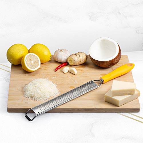HAOZAN Lemon Zester Grater - Cheese, Citrus, Lime, Fruits, Nutmeg, Chocolate, Parmesan, Soft Grip Handle, Stainless Steel Fine Blades with Protector, Hand-held Kitchen Tool, Dishwasher Safe (Yellow)
