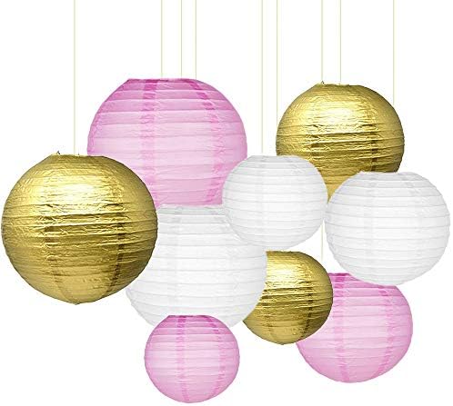 Sonnis Paper Lanterns 12"10" 8"Round Lanterns for Birthday Wedding Baby Showers Party Decorations (Pink, White, Gold)