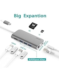 anyqoo 8 en 1 Portable Puerto HUB con Type-C USB-C, Gigabit Ethernet, salida HDMI, ranura para tarjetas SD TF, Función de 3 puertos USB 3.0, entrega de potencia para MacBook Pro, Google Chromebook, iMac 2017 y más, Gris