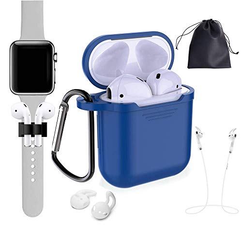 Airpods Accessories – Derhom Airpods Silicone Case Cover | Airpods Watch Band Holder | Headphone Accessories Bag[Include Anti-Lost Strap/Keychain/Earhooks] for Apple Airpod (Blue)