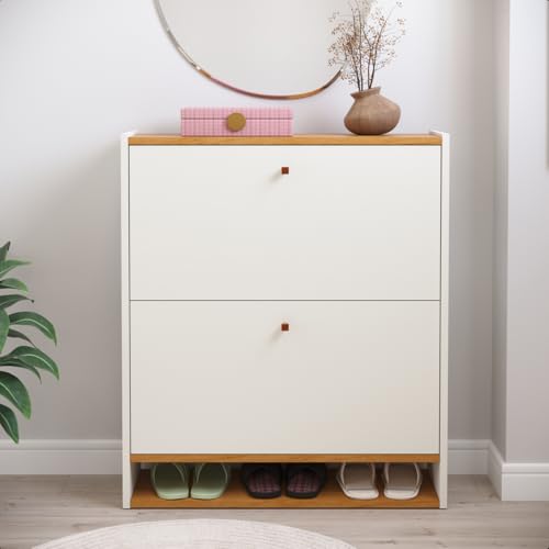 Sapateira Safira 2 Portas Basculante 15 Pares Calçados Nicho Inferior Organizador Decoração Quarto Sala Hall Entrada Apartamento Compacta (Off White/Cinamomo)