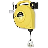 25 Ft Retractable Extension Cord Reel - Mountable &amp; Portable Power Cord Reel with 3 Electrical Outlets - 14/3 SJTW Heavy Duty Yellow Case and Black Cable With Lighted Power Block - Perfect for