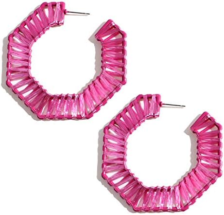 Statement Rattan Raffia Drop Hoop Earrings for Women Geometric Handmade Colorful Rainbow Earring Gift for Mother Sister Summer Wear