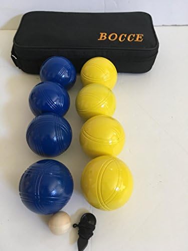 BuyBocceBalls Listing -73mm Metal Bocce/Petanque 8 Ball Set with 4 Blue and 4 Yellow Balls and Black Bag