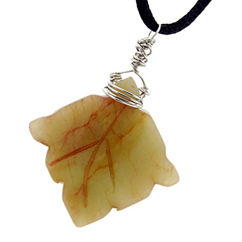 Large Leaf Carving, Green Yunan Jade Pendant 1.38" Tall (35mm) - Adjustable Soft Black Poly Woven Washable Cord - Gemstone Tribal Ethnic Carved Necklace - Stainless Steel