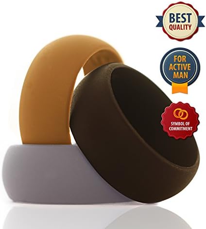 Vitalius Men’s Silicone Wedding Ring Bands – 3 Ring Pack – Black, Grey, Yellow - 8.4mm Wide (2mm Thick)