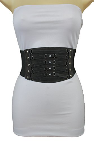 TFJ Women Elastic Wide Fashion Corset Belt Waist Gold Hook Buckles S M Mocha Brown