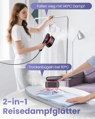 QWUE 2-in-1 Portable Clothes Steam Iron - 15 Seconds, Quick Heating (1200W), 90° Rotating Handle, 5 Steam Modes, 15 Minutes, Continuous Steam - Ideal for Travel & Home (Purple)