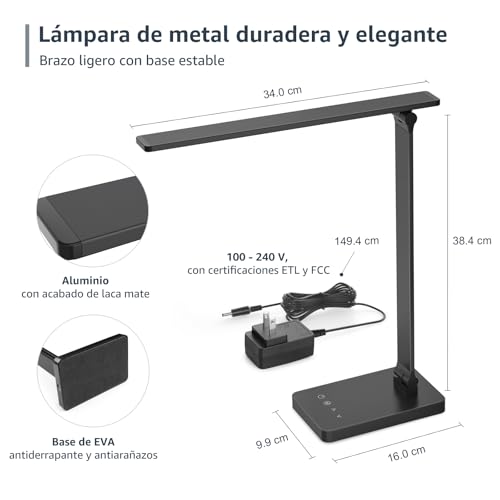 Lepro Lámpara de Escritorio LED, Luz de Mesa Metálica 9.5W 750 Lúmenes, 5 Modos de Color y 5 Niveles de Brillo, Lámpara Regulable para Oficina en Casa, Lectura, Manualidades, Costura, Negro
