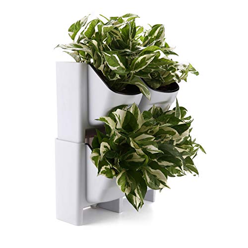 T4U Plastic Self Watering Vertical Living Wall Planter Set White Pack of 2, Stackble Wall Mounted for Indoor Outdoor Herb Vegetable Flower Plant