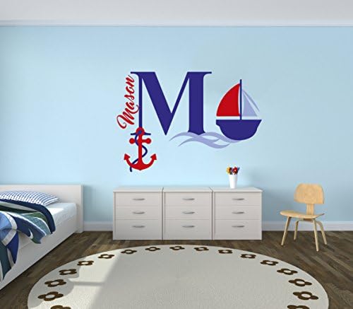 Custom Name & Initial Anchor and Sailboat - Nautical Theme - Baby Boy - Wall Decal Nursery For Home Bedroom Children (522) (Wide 32" x 21" Height)