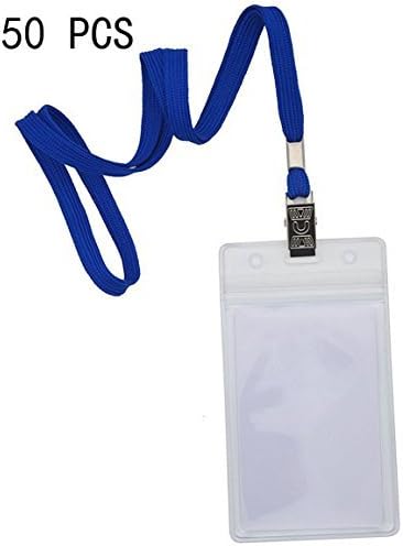 Name Tags 50 Pack Lanyards with Bulldog Clip and 50 Pack Waterproof Clear Plastic Vertical Name Tag Badge ID Card Holders(Blue)