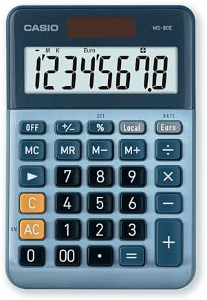 MS-80E - Calculadora de secretária com ecrã extra-grande de 8 dígitos alimentado por energia solar/bateria com cálculo avançado de percentagens, conversão de moeda para euros, azul
