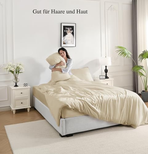 bienDo Duvet Cover Set 200 x 220 cm, Bamboo (400 Thread Count) for 140 cm Bed, Vegan Silk, Ultra Soft and Cooling, Breathable-Beige