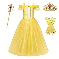 HNXDYY Princess Belle Dress Girls Party Carnival Cosplay Fancy Costume Off Shoulder Deluxe Yellow Gowns Size(140) 6-7 Years