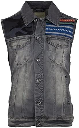 Men's Denim Biker Vest Jean Black Gray Motorcycle Bike Daryl Vintage Distress (2XL)