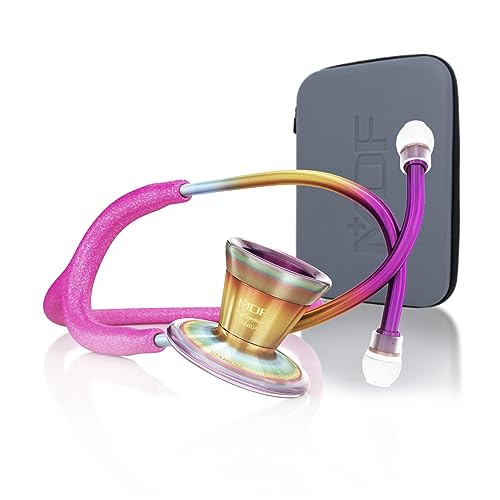 MDF Pink Glitter Kaleidoscope ProCardial Cardiology Stethoscope, Lightweight Titanium, Adult, Dual Head, Pink Glitter Tube, Kaleidoscope Chestpiece-Headset, MDF797TGL32KL + Travel Case