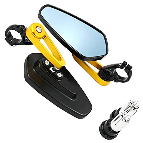 Yibid Motorcycle Handle Bar end Mirrors, CNC Billet Aluminum Triangle Side Rearview Universal for 7/8 inch Handlebar Honda Kawasaki Suzuki Yamaha Harley Victor Ducati Racer Street Bikes (Gold Stem)