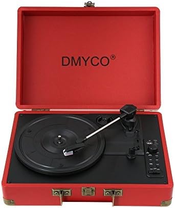 DMYCO Turntable Vinyl Record Player, 3 Speed Belt Drive, Bluetooth Turntable Portable Suitcase with Dual Stereo, Support Speaker, USB/SD, Bluetooth Record, Headphone Jack,RCA Output (Red)
