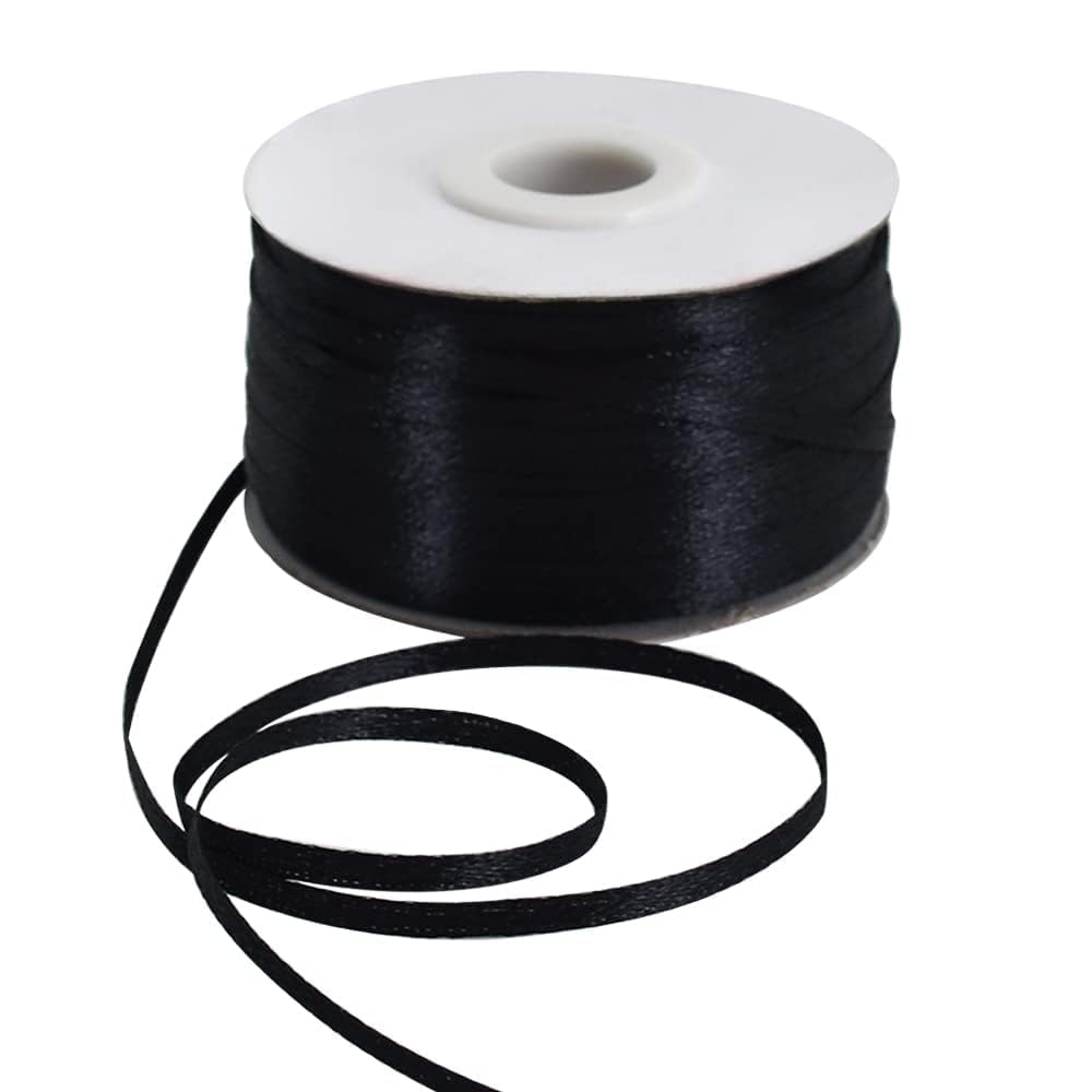 TONIFUL 3mm x 183 m Black Thin Solid Satin Ribbon Giant Spool Double Face Woven Polyester Fabric Ribbons for Crafts Hanging Tags Invitation Card Balloons Bouquet Hair Gift Wrapping Party Decoration
