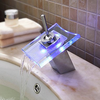 YAJO Modern Single Handle 360 Degree Rotating Lever Bathroom Glass Spout LED Color Changing Vessel Sink Faucet, Chrome