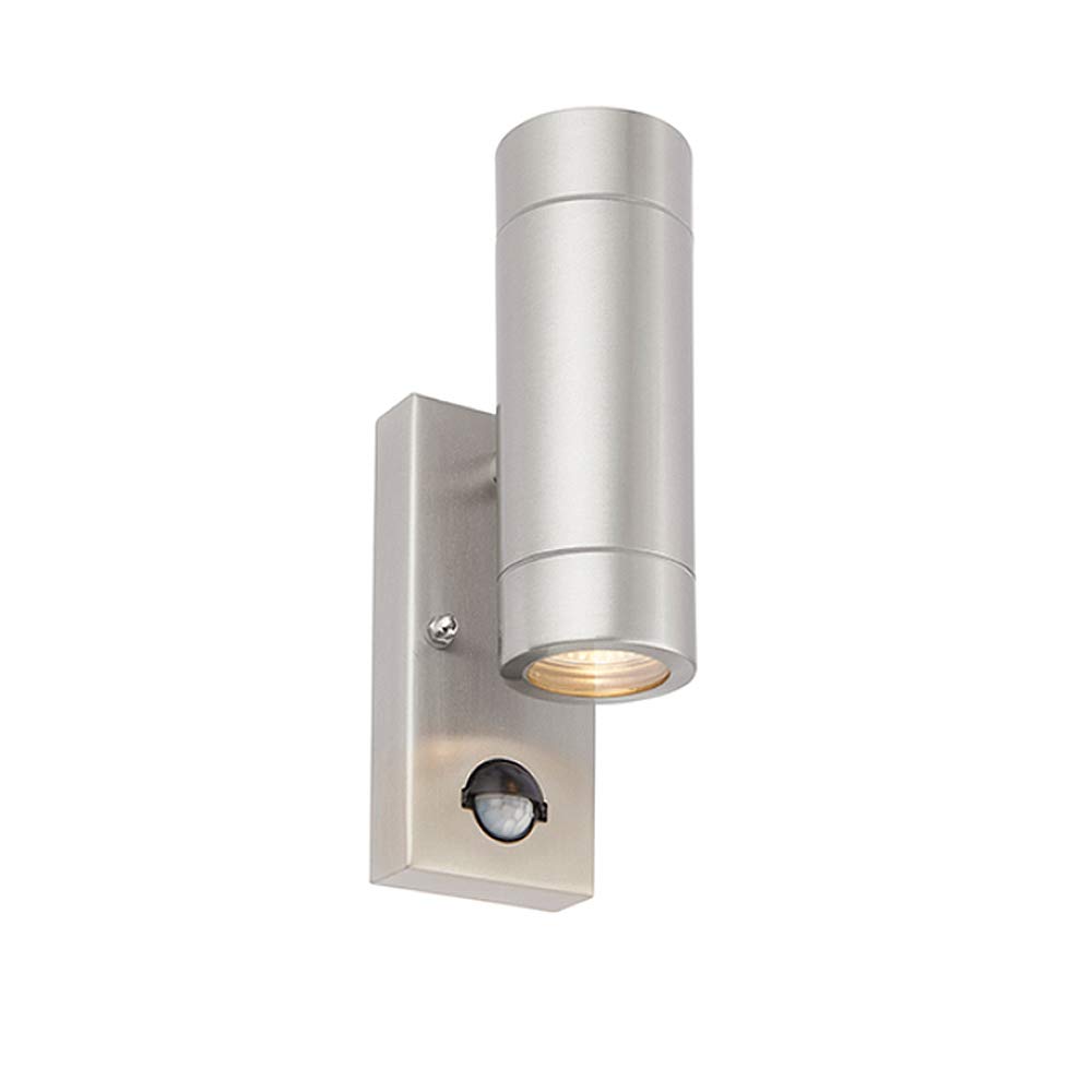 Saxby Palin Outdoor Lights with Built-in PIR – Outside Lights Mains Powered – GU10 LED Compatible Outdoor Wall Lights – Up Down Outside Lights – IP44 Rated Wall Light, Brushed Stainless Steel