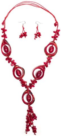 Organic Tagua Mayan Adjustable Length Necklace with Earrings Ecuador Red