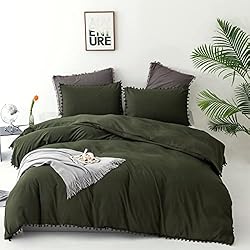 Luxlovery Army Green Pom Pom Comforter Set Queen
