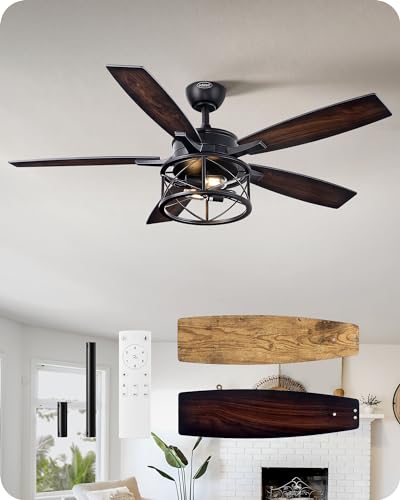 EDISHINE 52 Inch Farmhouse Ceiling Fans with Lights, Remote Control, 5 Wooden Blades, Dimmable, Timer, 6 Speeds Reversible DC Motor, Rustic Lighting & Ceiling Fan for Bedroom Living Room, UL Listed