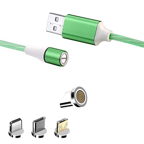 Green LED Charging Magnetic Cable- Data sync Visible Flowing Electricity- 3 in 1 3A Fast Charging cable- Compatible with iPhone 12-Comes with Type C/Micro USB/i-Product adapters