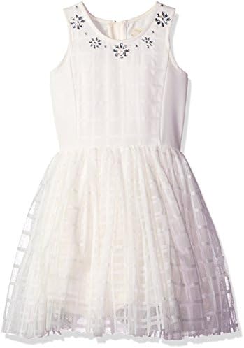 BTween Big Girls' Windowpane Crochet Skater Dress with Embellished Jewel Neck, Ivory, 10