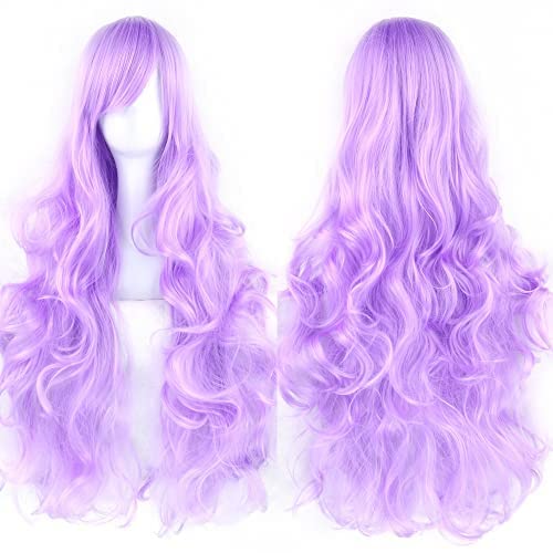 IMISSU 80cm Long Curly Natural Hair Cosplay Wig with Bangs Colorful Halloween Costume Party Wigs for Women (Bright Purple)
