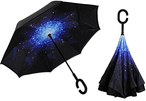 Inverted Umbrella Double Layer Wind Proof,UV Proof Reverse Folding Travel Umbrella with C Shape Handle and Carrying Bag