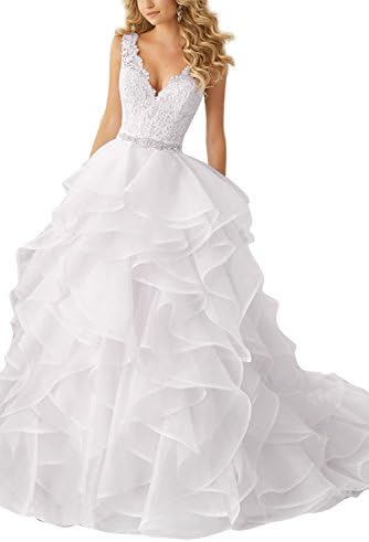 Kittybridal Women's V Neck Organza Ruffles Ball Gown Wedding Dresses Bride Dress 2017 White US 18W