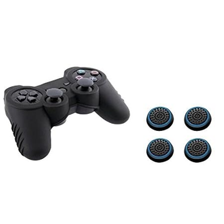Super Grip Premium Silikon Haut (Schwarz) + [2 Paar/4 PCS] Silikon Analog Daumengriff Stick Cover (Schwarz/Blau) für Sony Pla