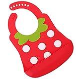 Kidsmile Baby Bib Waterproof Super Soft Silicone 3D Cartoon Easily Wipes Clean and Keep Stains Off Adjustable Neck Strap for Baby Toddler, Deep Pocket Food Crumb Catcher, Strawberry Red