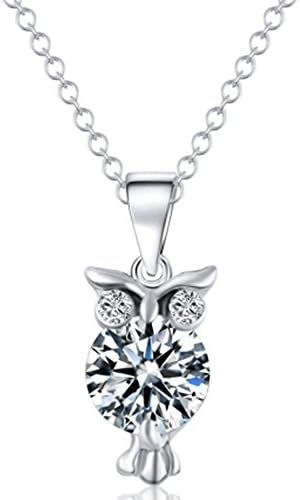 MESE London Women Silver Plated Round Cubic Zirconia Small Owl Necklace of 42-47 cm Length Adjustable