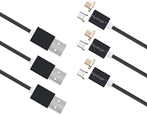 hyranger 3Packs[5th gen]Super Magnetic Charger Type-C and Micro USB connectors 2in1 Reversible Charging Cable 3Ft/1m Nylon braided Data Sync Cord USB-C+Micro USB Interface For Android(black)