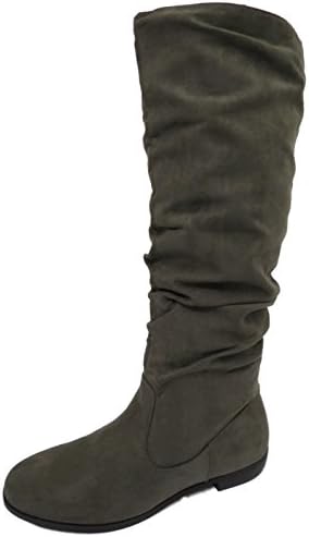 Ladies Flat Grey Pull-On Pixie Biker Slouch Ruched Tall Knee Calf Boots Shoes Sizes 3-8