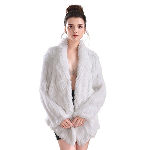 Vemolla Women's Genuine Knit Rabbit Fur Coat Jacket Outwear with Pocket