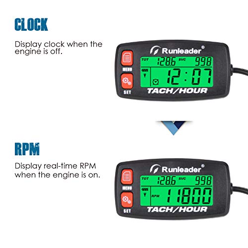 Runleader Hour Meter Tachometer,Maintenance Reminder,Alert RPM,Backlit