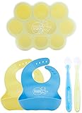 Waterproof Silicone Bib (Set of 2), Silicone Baby Food Freezer Tray with Clip-on Lid, Gum-Friendly First Stage Soft Tip Silicone Feeding Spoons for Babies (Set of 2), BPA Free, Great Baby Food Bundle