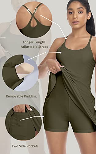 Women's Tennis Dress, Athletic Workout Sports Golf Dresses with Built-in Bra & Shorts Exercise Dresses for Women Military Green